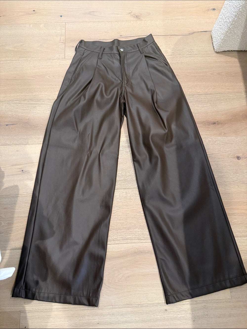 Wide Leg women’s high waisted faux leather pants in dark brown pleated